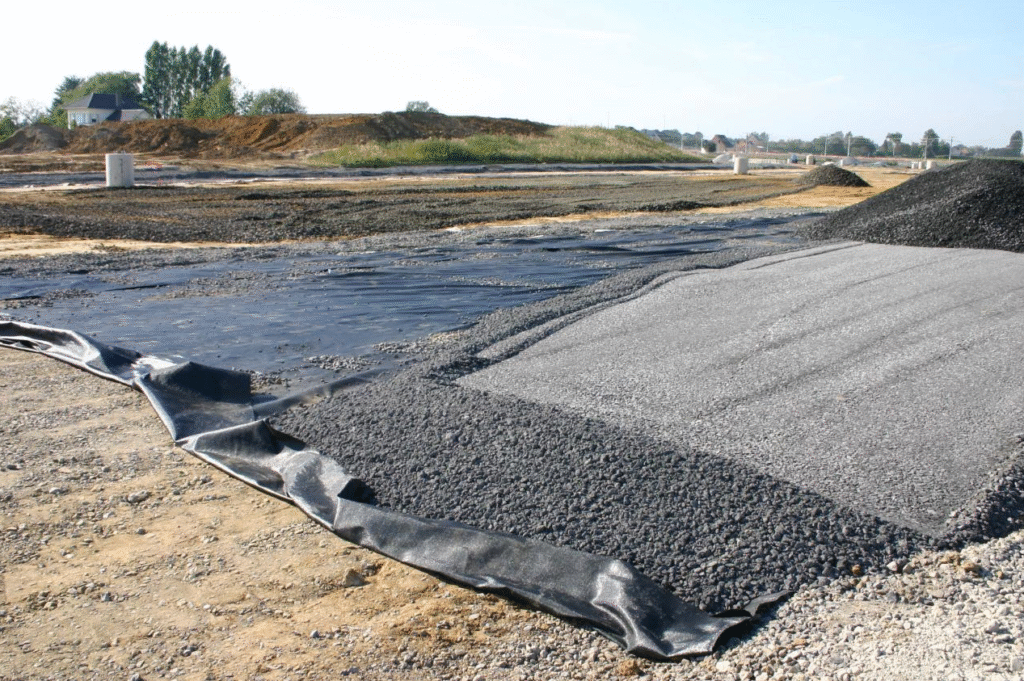 Aggregate being placed over a geotextile and geomembrane layer on a trial section