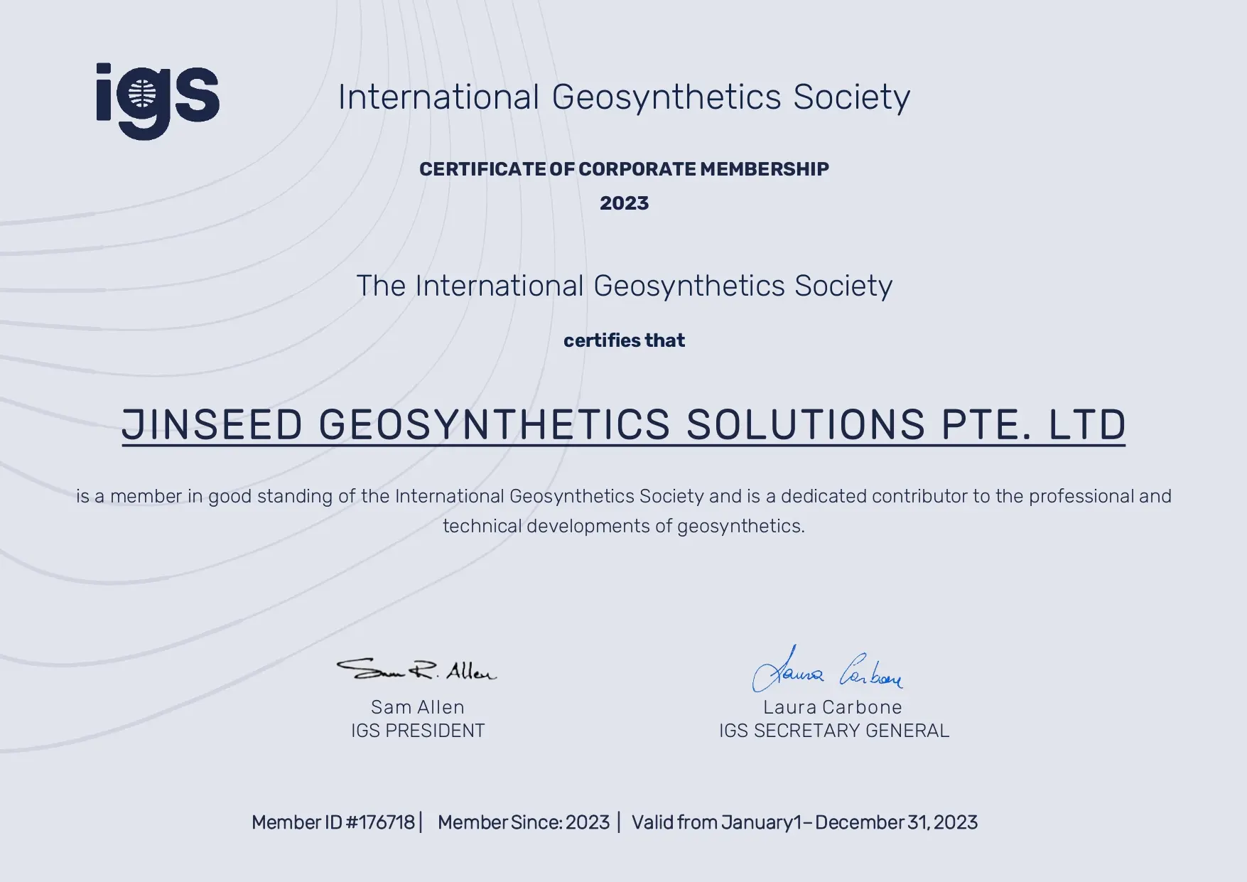 IGS Corporate Membership Certificate for JINSEED