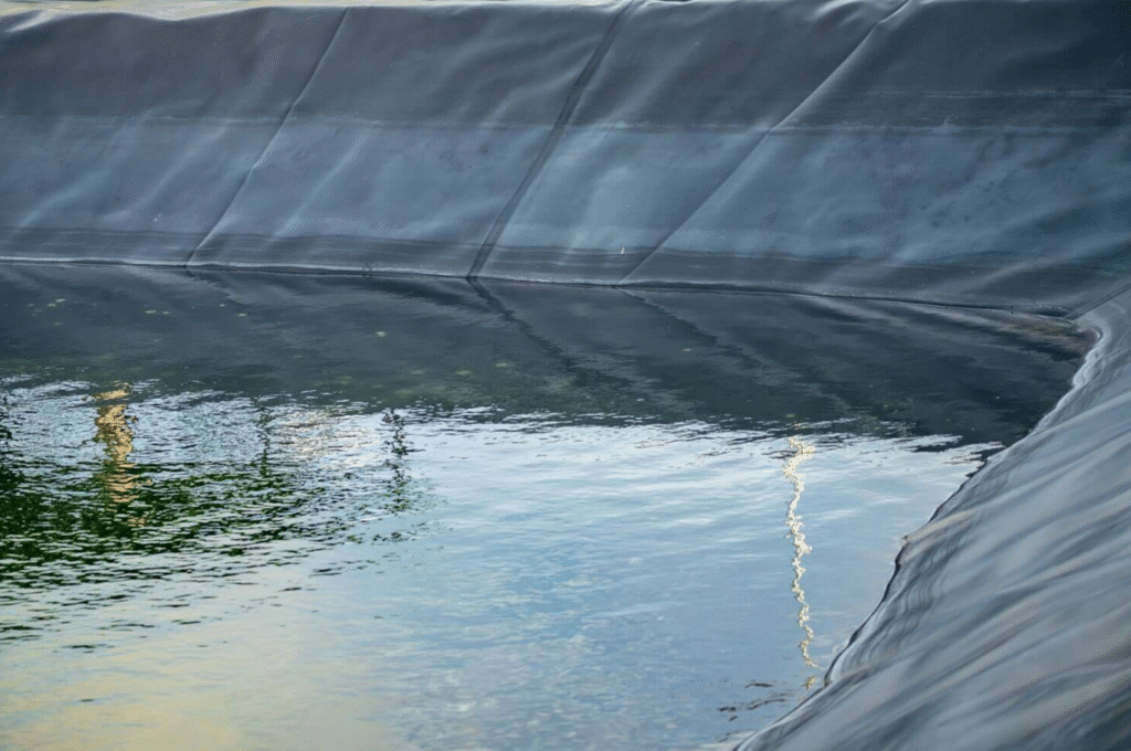 Lined aquaculture pond filled with water