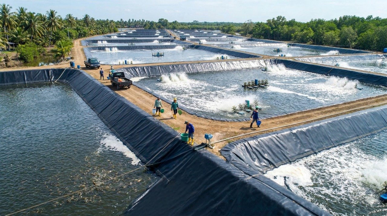 Food-grade LLDPE liner installed in aquaculture ponds for zero-toxin industrial shrimp farming.