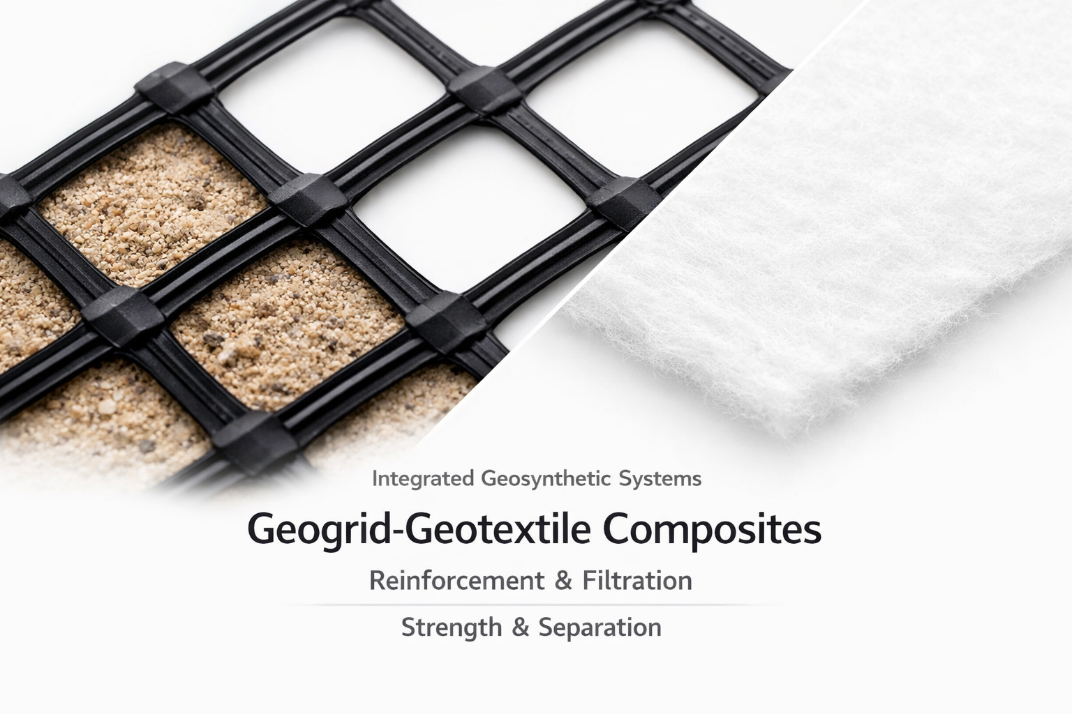 Integrated geosynthetic systems featuring geogrid and geotextile composites for soil stabilization and filtration