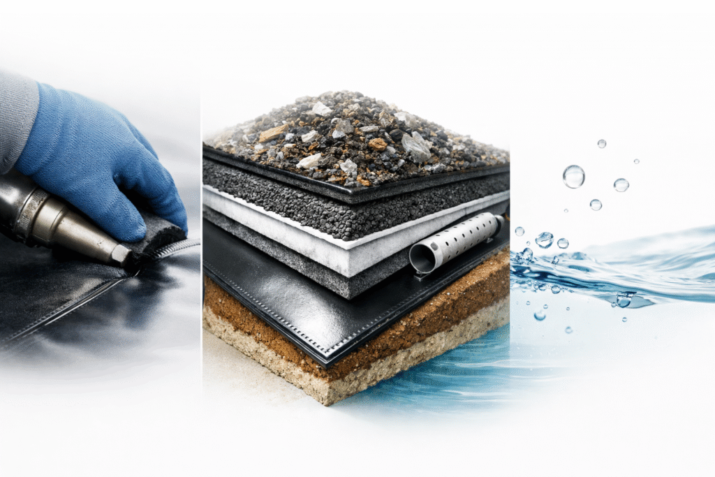 Cross-section of landfill liner system layers with HDPE geomembrane barrier