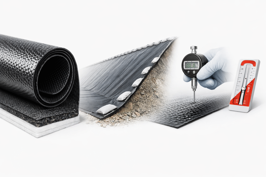 Textured geomembrane roll with thickness gauge on a landfill slope