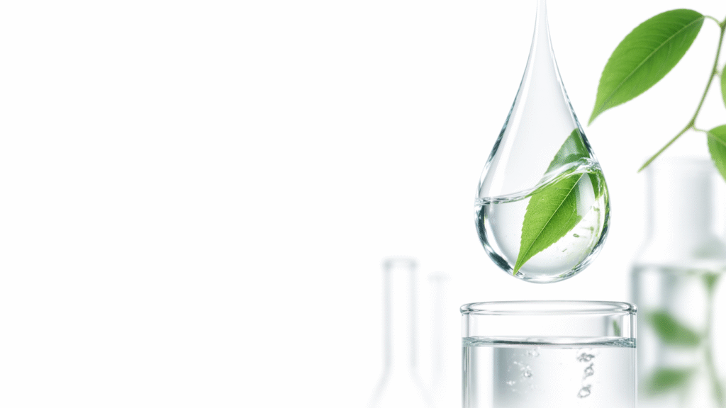 Laboratory glassware with water and green leaves representing environmental compliance testing
