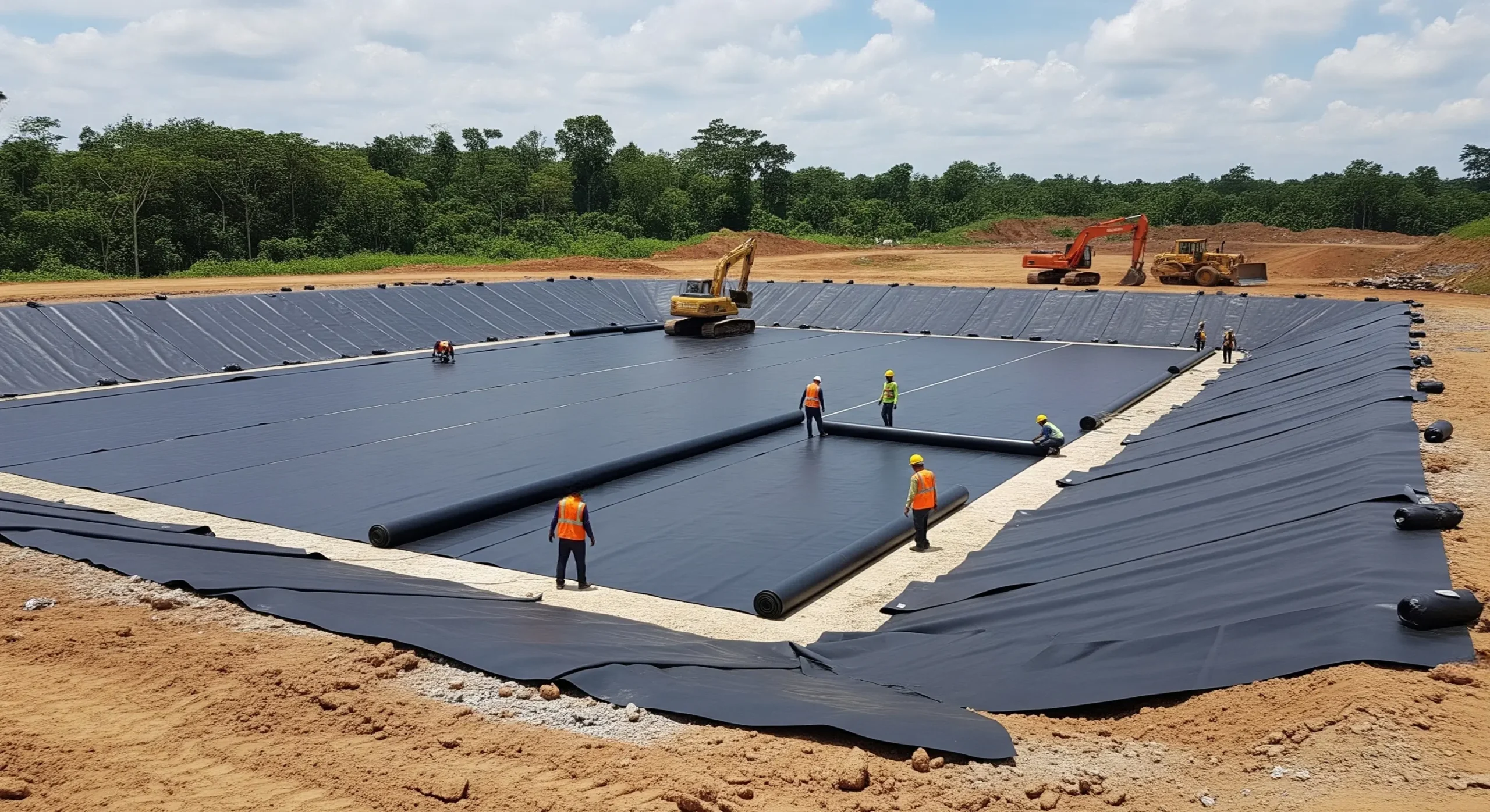 Installation of textured HDPE geomembrane on steep Andean terrain for copper mining heap leaching project.