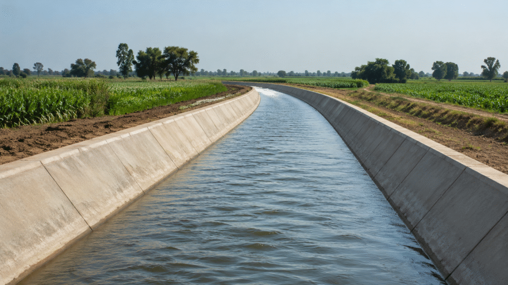 An irrigation canal lined with black HDPE geomembrane