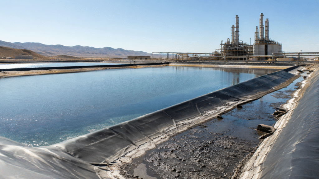 An industrial evaporation pond lined with HDPE geomembrane