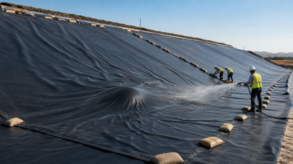 Workers checking a newly installed geomembrane liner on a slope