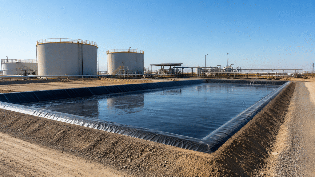 Secondary containment pond with HDPE geomembrane liner beside oil storage tanks