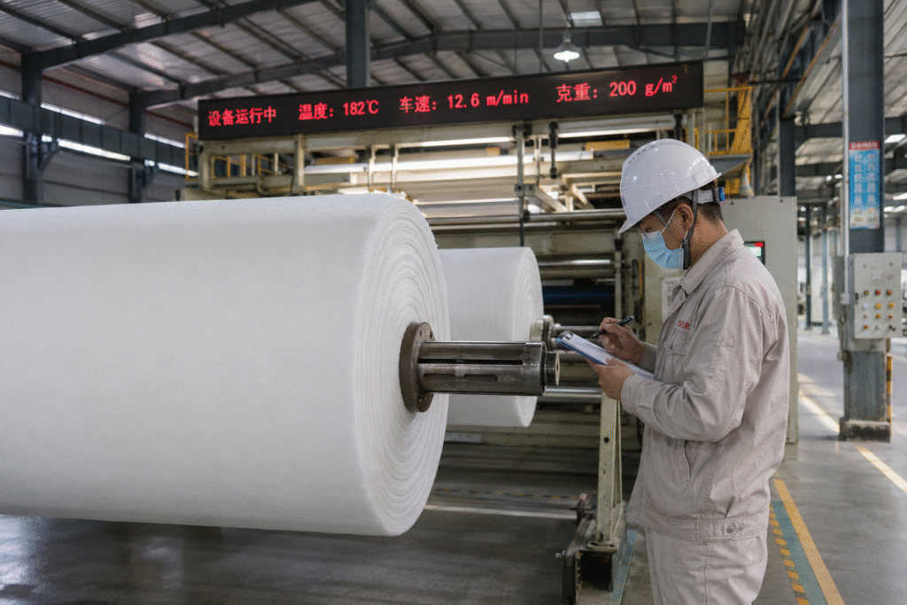 A geomembrane production line with a technician checking the sheet