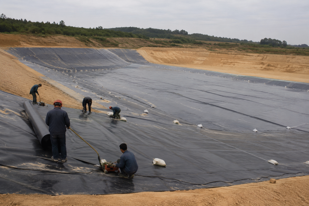 Crew unrolling HDPE geomembrane panels on a large containment site