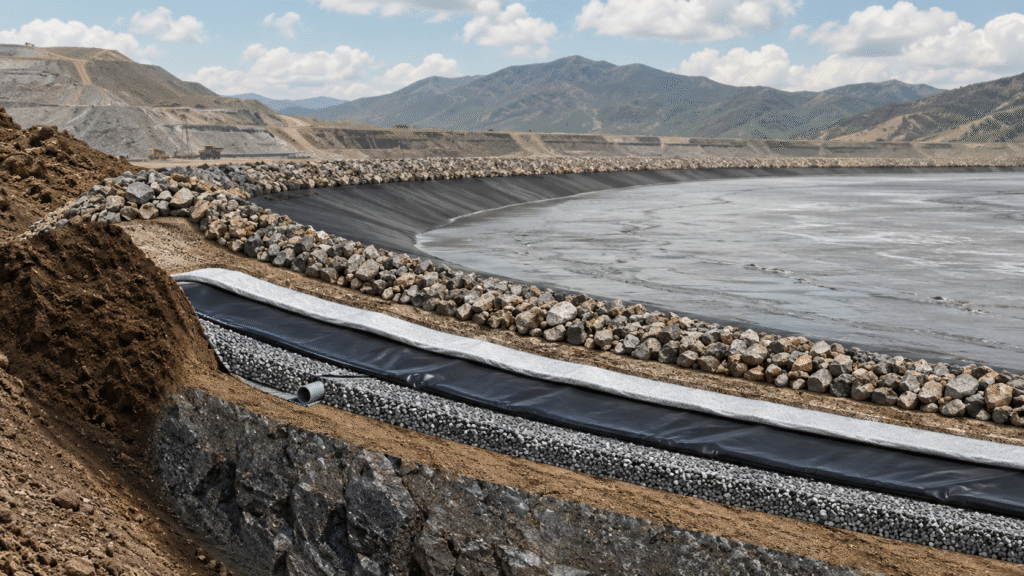 Tailings dam lining system with geomembrane and drainage layers