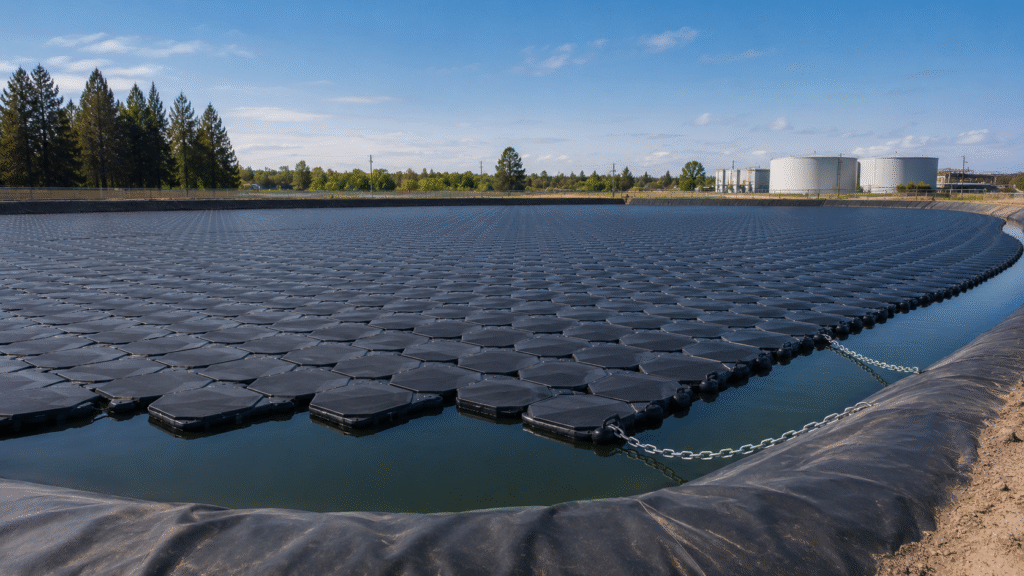 A floating geomembrane cover on a water reservoir