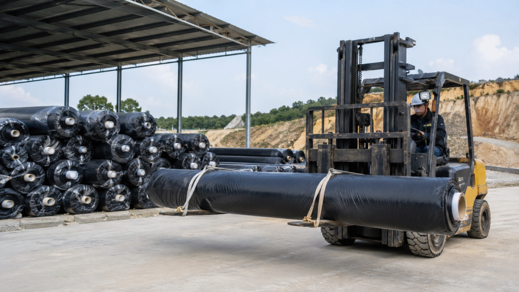 Forklift moving wrapped geomembrane rolls at the factory