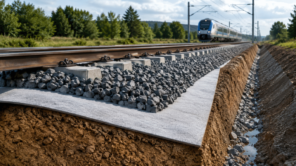 Non-woven geotextile installed between soil and ballast layers