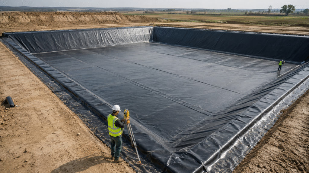 Completed HDPE-lined containment cell with a surveyor checking the surface