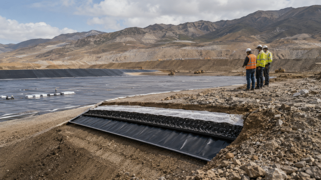 Engineers inspecting an HDPE-lined tailings storage facility in the mountains