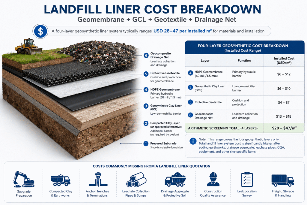 Landfill liner system cost breakdown layers