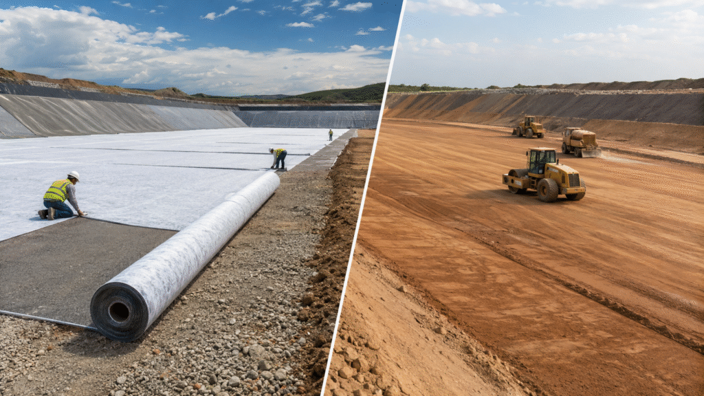 Worker laying white non-woven geotextile over a prepared base