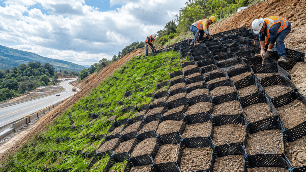 Geocells and liner being installed on a slope for erosion control