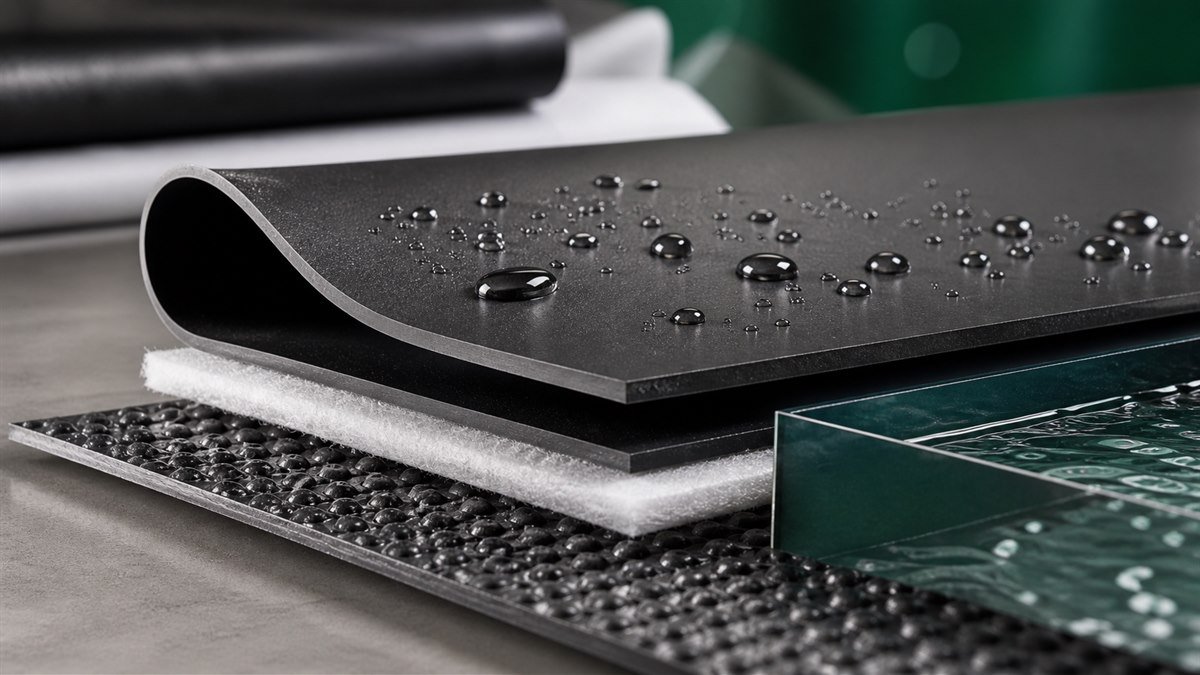 HDPE geomembrane impermeable liner close up with water droplets and geotextile layer