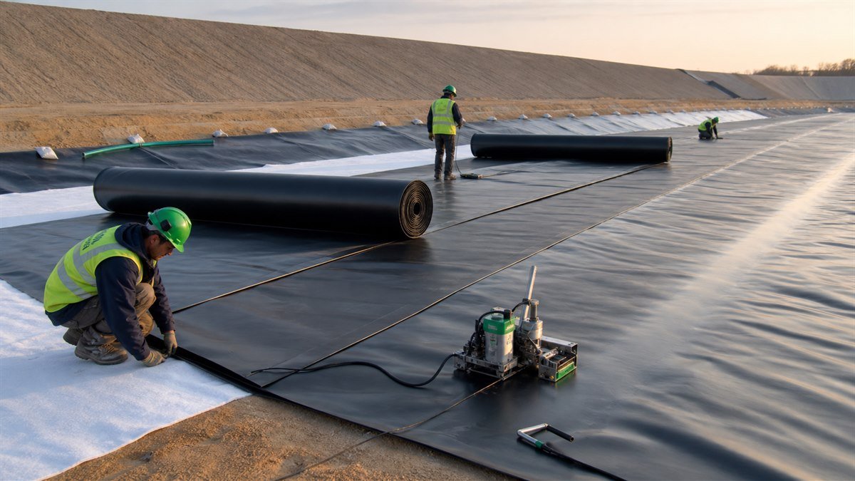 HDPE geomembrane liner installation with geotextile cushioning and hot wedge welding equipment