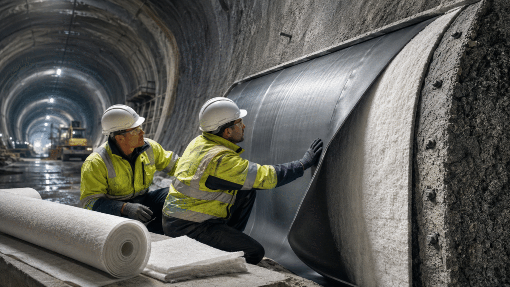 Workers fixing geotextile fabric inside a tunnel lining