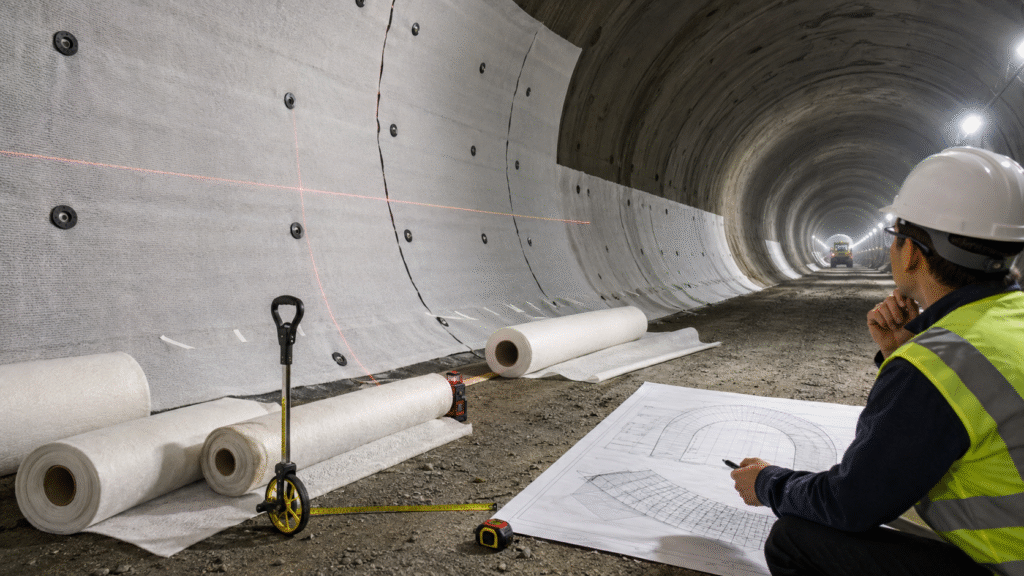 Engineer checking panel layout drawings next to geotextile rolls inside a tunnel