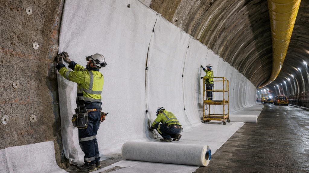 Workers fixing white geotextile inside a tunnel before the waterproofing membrane goes in