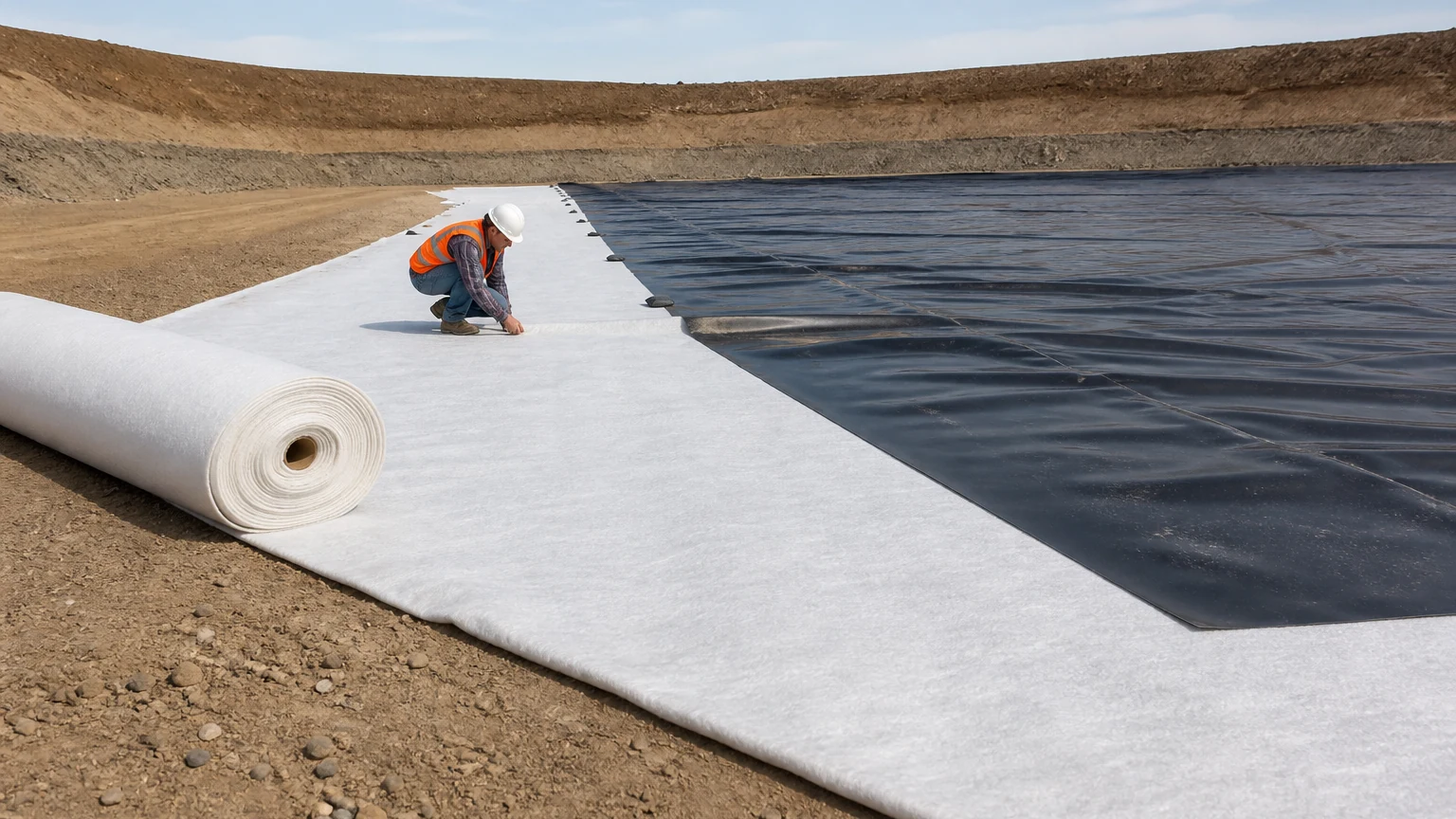 Worker installing a nonwoven geotextile cushion beside an HDPE geomembrane liner
