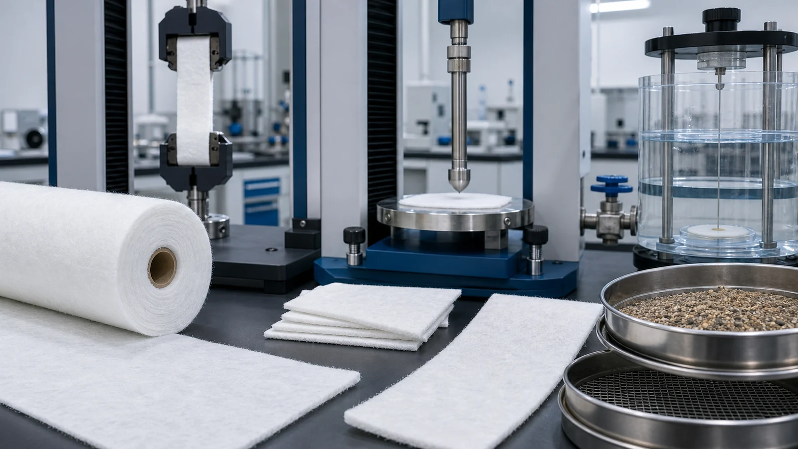 Laboratory equipment testing nonwoven geotextile tensile, puncture, opening size and water flow properties