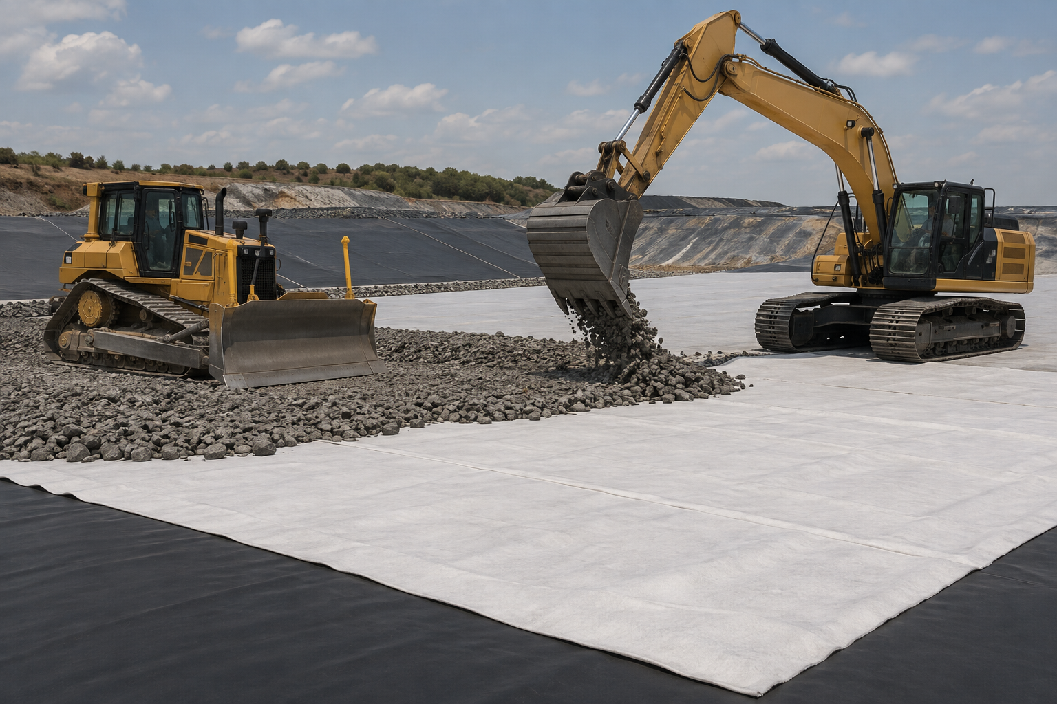 Controlled first lift aggregate placement over protection geotextile