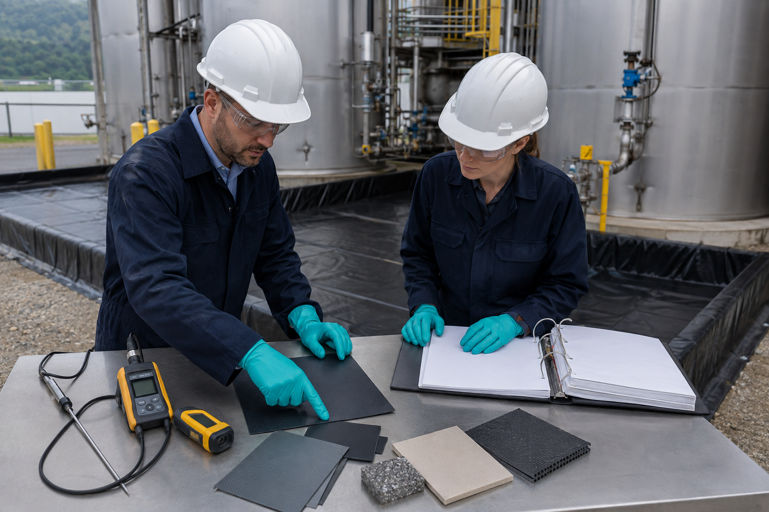 Engineers reviewing chemical compatibility for secondary containment liner
