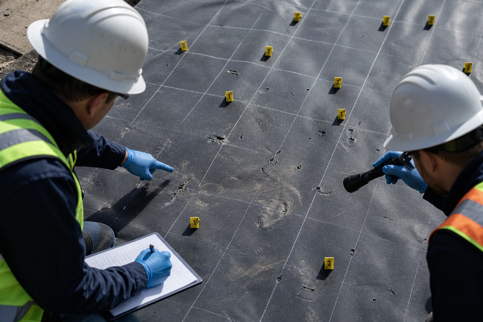 Inspectors mapping punctures and abrasions on exposed geomembrane