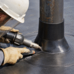 Illustration of welding a geomembrane boot skirt around a pipe penetration