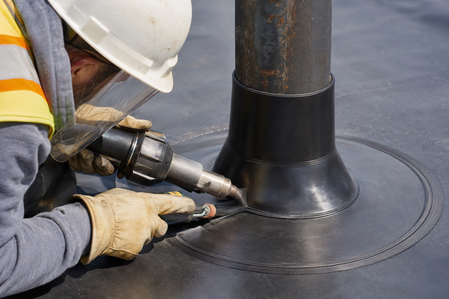 Extrusion welding an HDPE geomembrane boot around a pipe penetration