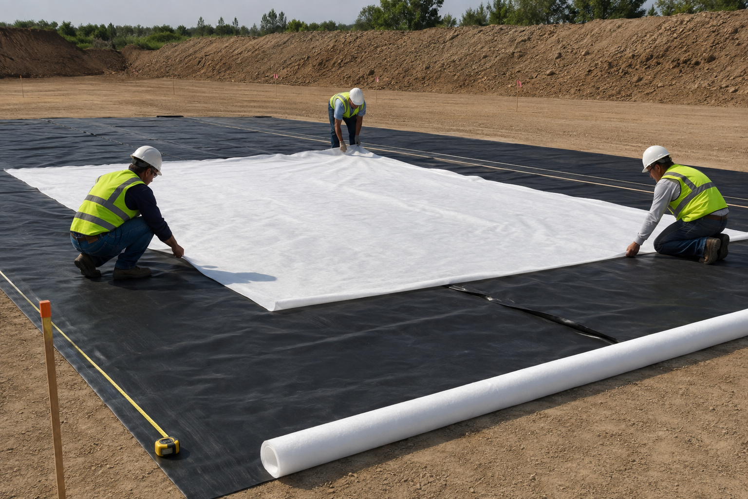 Geotextile protection test pad setup over prepared geomembrane liner