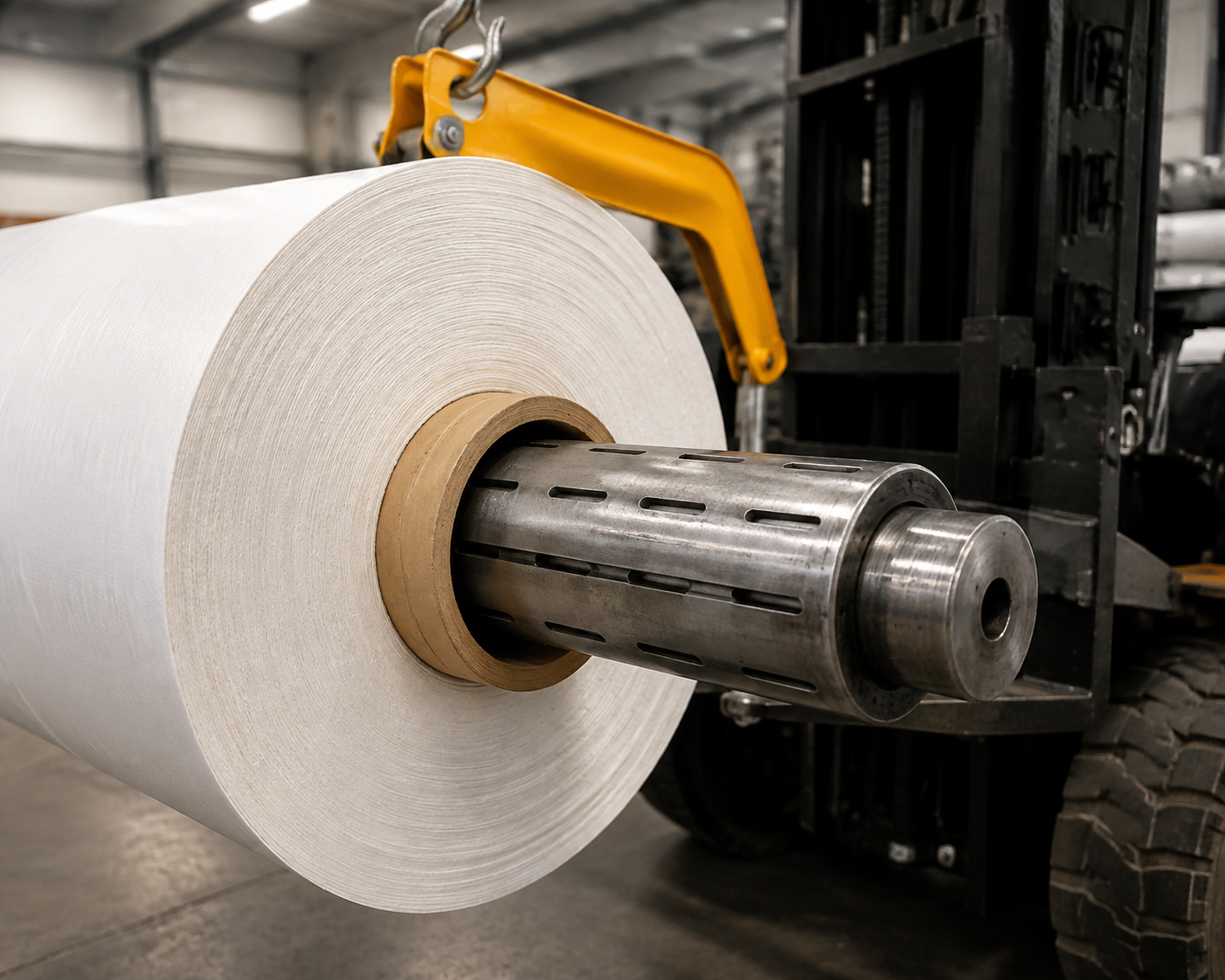 PET geotextile roll core fitted to steel handling mandrel