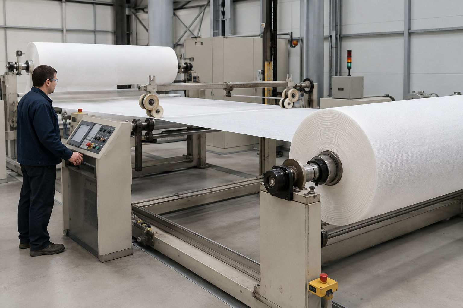 PET geotextile roll length verification on calibrated rewinding machine