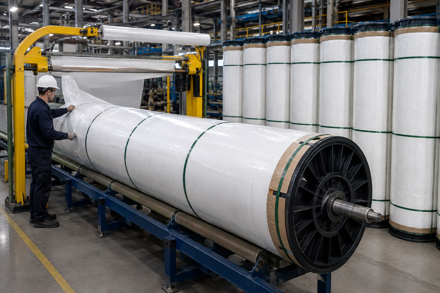 Protective wrapping and end caps applied to PET geotextile roll