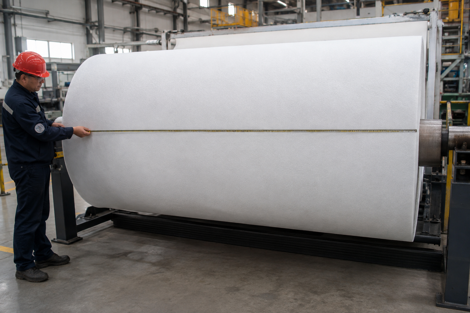 Factory technician measuring PET continuous filament geotextile roll width