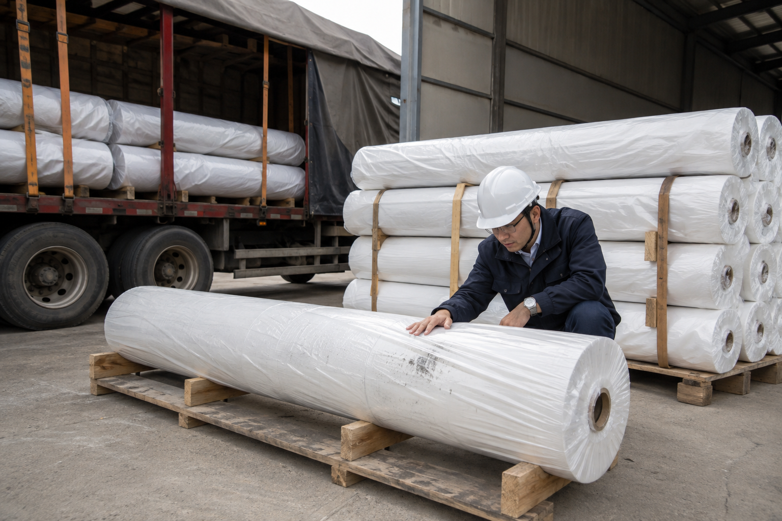 Receiving inspection of packaged PET geotextile rolls