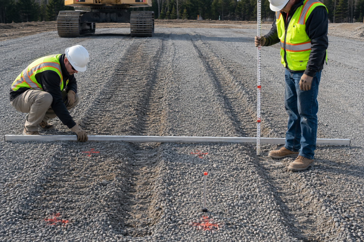 Technicians measuring rut depth and remaining aggregate cover