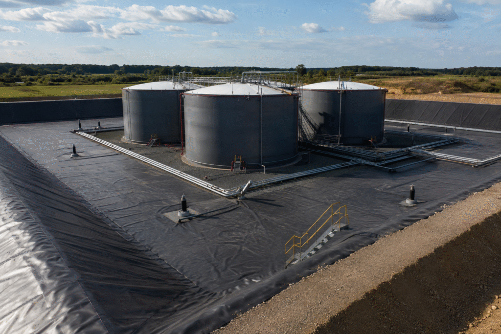 HDPE liner installed around storage tanks as a secondary containment bund