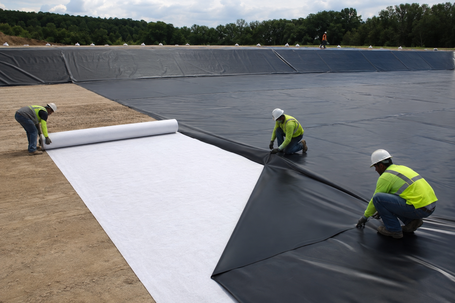 Cushion geotextile and geomembrane installed over prepared subgrade
