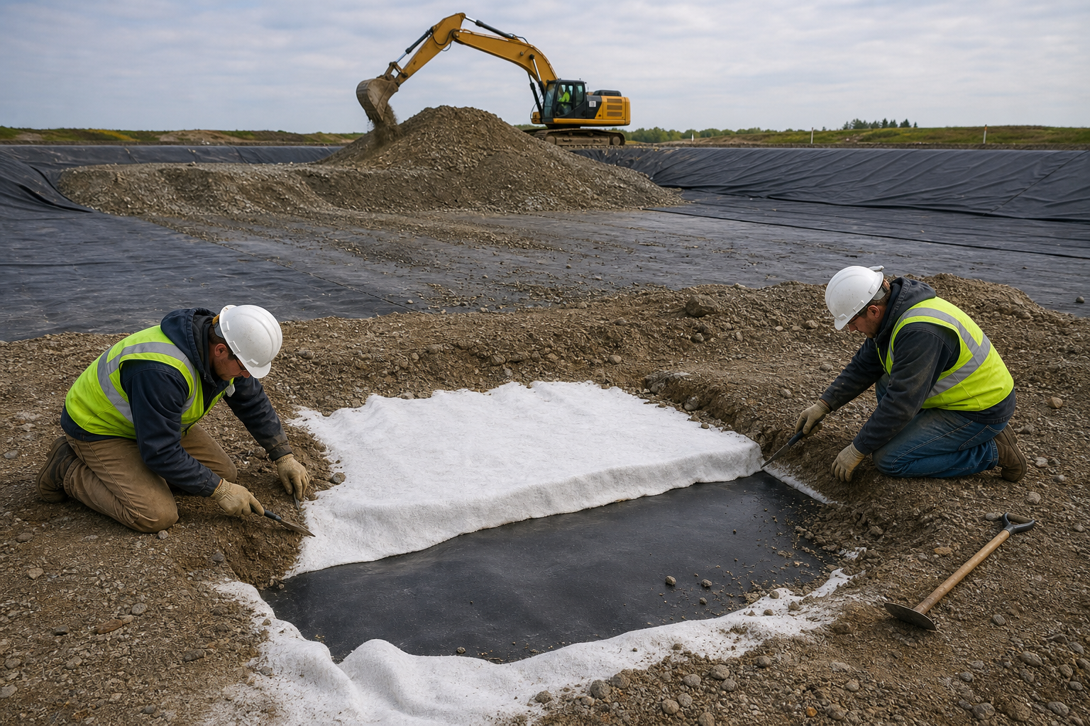 Controlled excavation exposing geotextile and geomembrane trial section